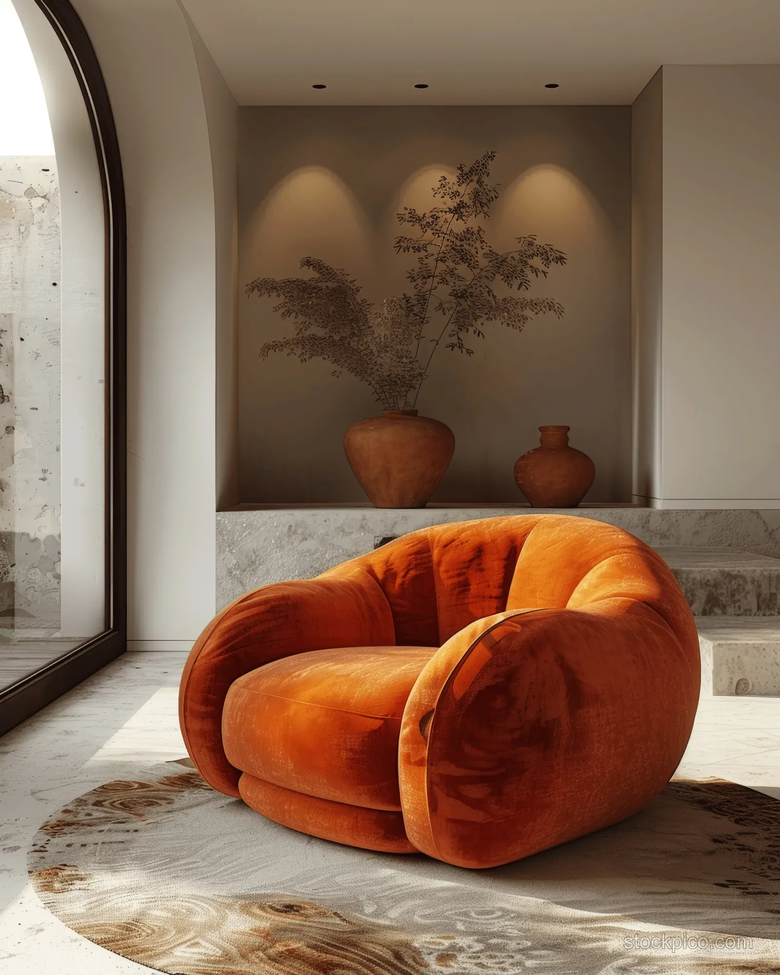 Orange armchair in a minimalist living room with terracotta vases and soft recessed lighting.