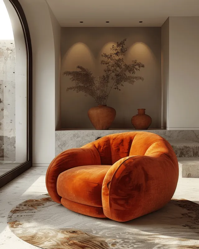 Orange armchair in a minimalist living room with terracotta vases and soft recessed lighting.