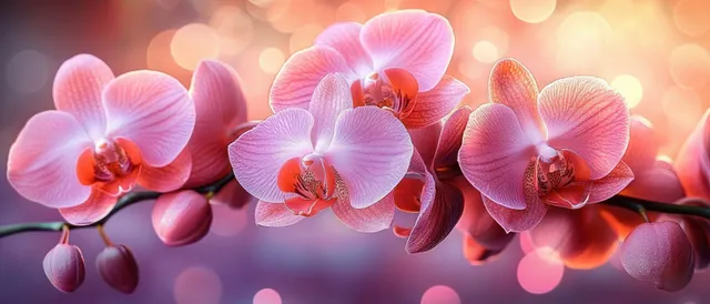 Pink orchid blossoms on a branch with soft glowing bokeh lights drifting behind