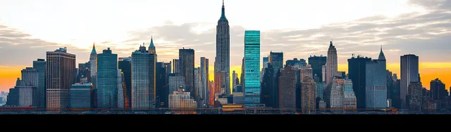 Panoramic skyline of tall skyscrapers at sunset with warm glowing clouds and city horizon.