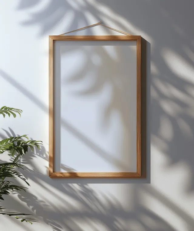 Minimal wooden picture frame mockup on a bright wall with window shadow patterns on the blank poster.