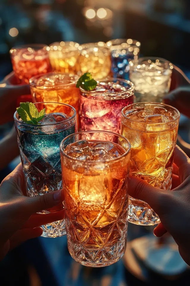 Friends raise colorful iced drinks in patterned glasses while warm evening lights glow in the background.