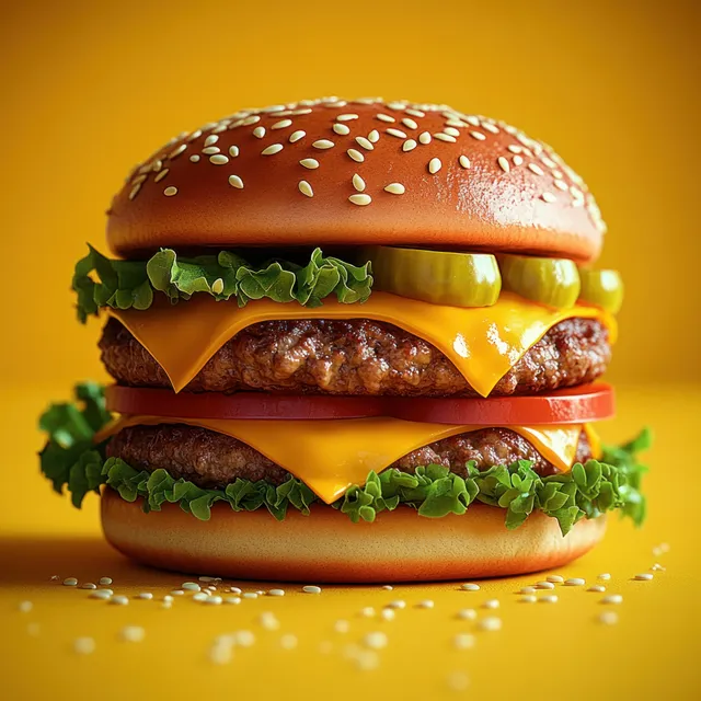 Double cheeseburger close-up with lettuce, tomato, pickles, and melted cheese on sesame bun