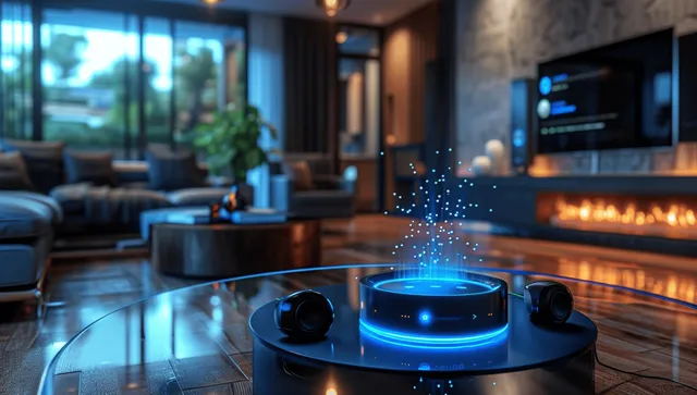 Smart media hub with blue holographic screen on a glass table in a modern living room.