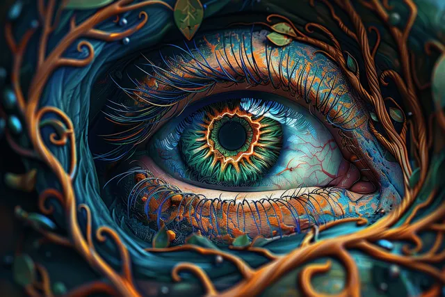 A glowing eye framed by a dragon-like tree trunk and curling ornamental vines with psychedelic blue-green light.