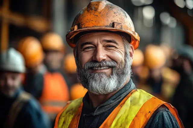 Smiling mature construction worker in a dirty orange hard hat and reflective vest while other workers blur behind him.