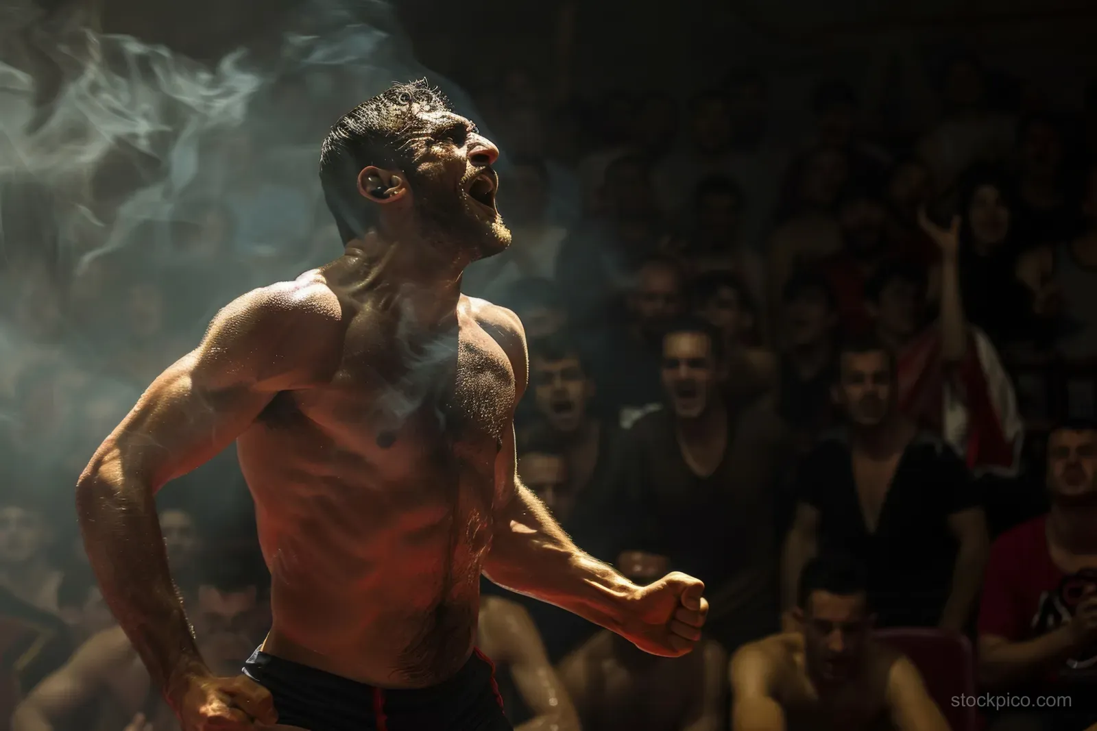 A Turkish Greco-Roman wrestler grapples mid-move in a lit arena while the crowd watches.