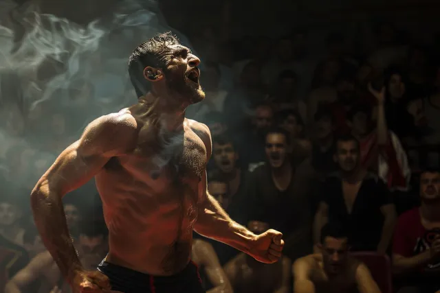 A Turkish Greco-Roman wrestler grapples mid-move in a lit arena while the crowd watches.