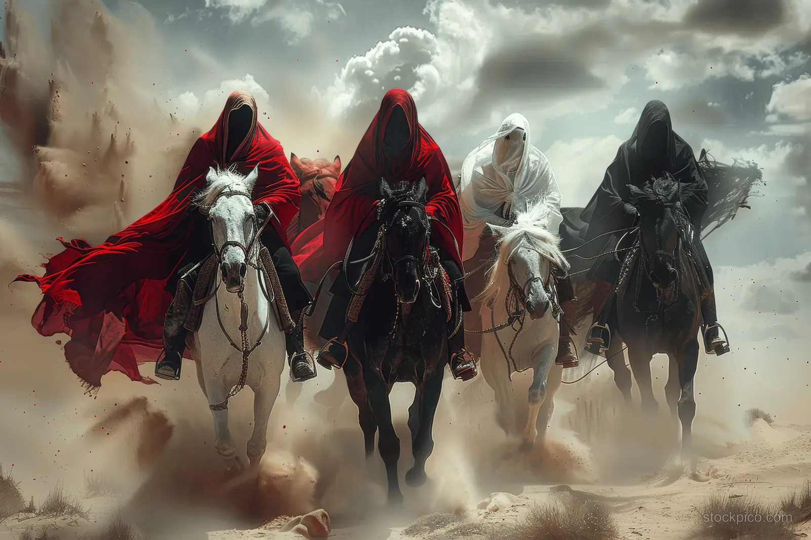 Four cloaked horsemen gallop through dusty desert with swirling dust and storm clouds behind them.
