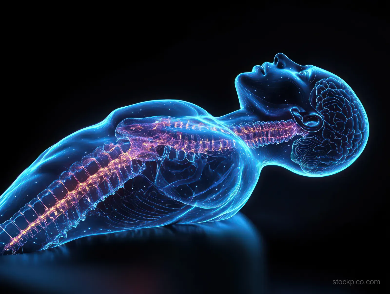 Glowing blue X-ray style profile of the human brain and spine with visible vertebrae on a dark background.