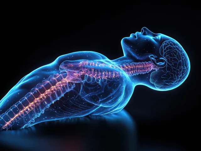 Futuristic X-ray style brain and spine illustration glowing on dark background