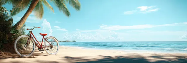 Vintage bicycle parked on tropical beach beside surfboard under palm tree shade