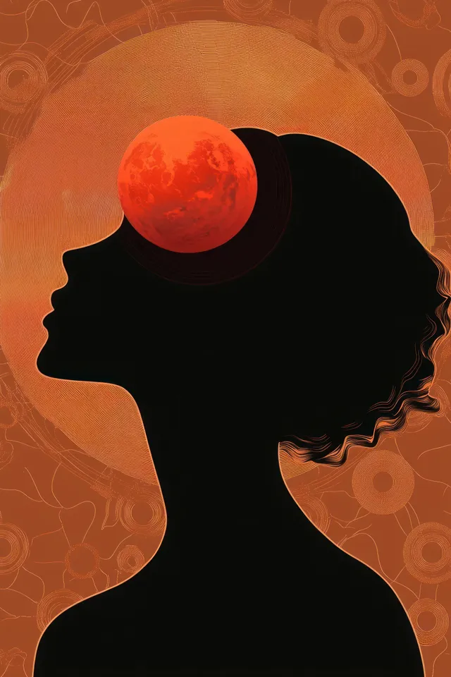 Silhouette profile with red planet hovering over forehead against textured orange cosmos background