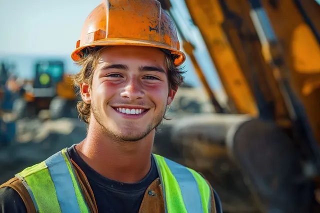 Young construction worker smiling in orange hard hat beside excavator equipment