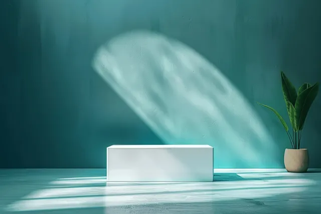 White cube on a teal surface with soft abstract shadows and a small potted plant in the background.