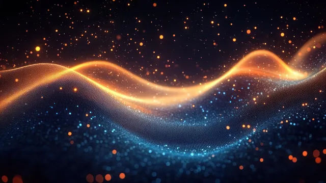 A glowing abstract wave arcs across a dark background, surrounded by scattered neon particles.