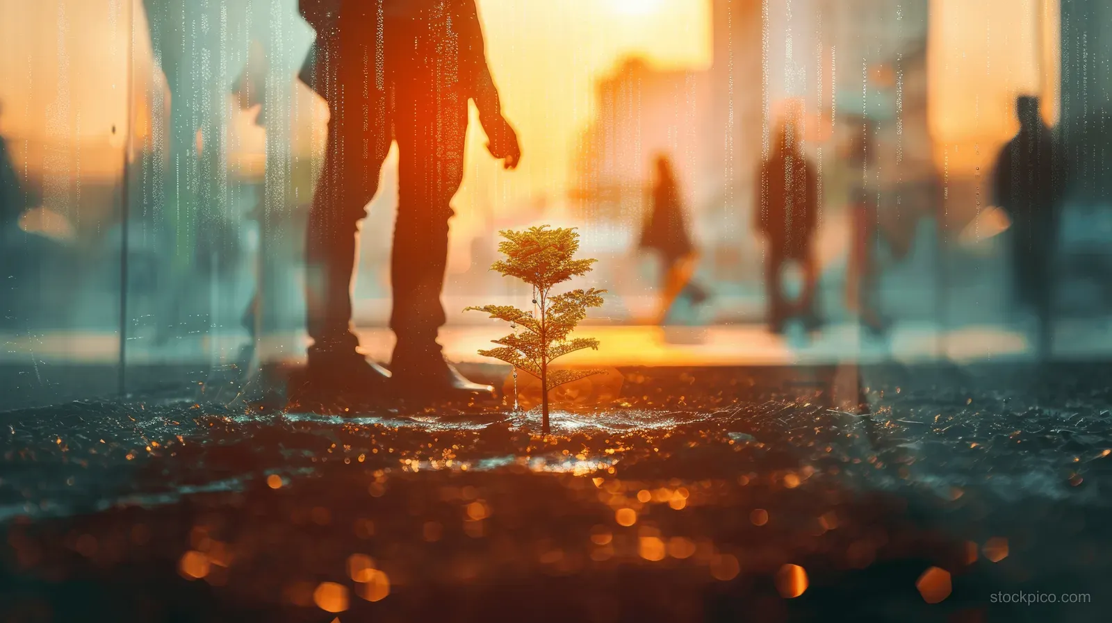 Business silhouettes walking through a glass-walled office corridor with a double exposure city glow and small tree.