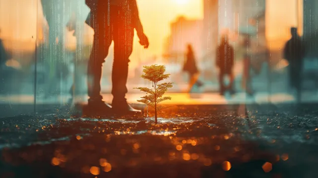 Business silhouettes walking through a glass-walled office corridor with a double exposure city glow and small tree.