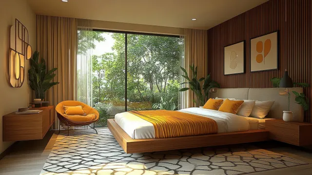Warm modern bedroom with a large window revealing lush green trees, orange accents, and soft interior lighting.