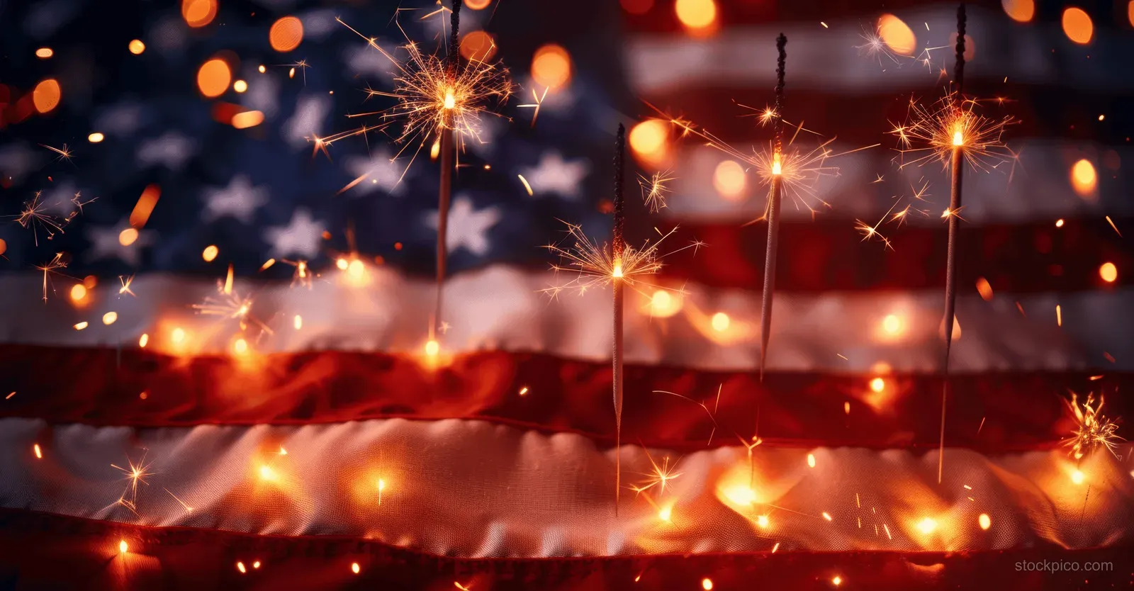 Sparklers and fireworks light up an American flag against a dark Independence Day sky.