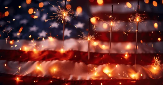 American flag backdrop with sparklers and fireworks bursting over red, white, and blue