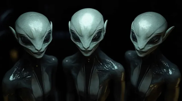 Three grey humanoid creatures with large heads and glossy black eyes stand close together in darkness.