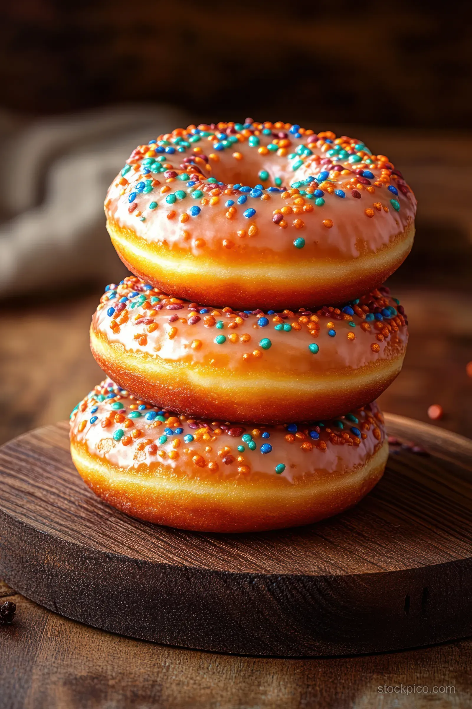 Three glazed donuts with colorful sprinkles stacked on a wooden board with a blurred brown background.