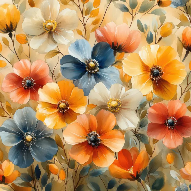 Watercolor floral pattern with orange and blue blossoms across an ivory vintage background
