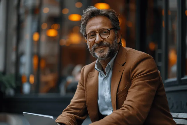 Smiling businessman with glasses talks on phone while working on laptop outside office