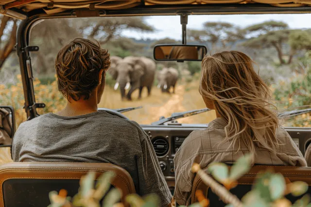 A young couple in an open safari jeep watches elephants in the African savanna under warm daylight.