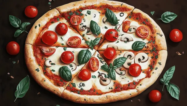 Fresh pizza with cherry tomatoes, basil, mushrooms on dark background