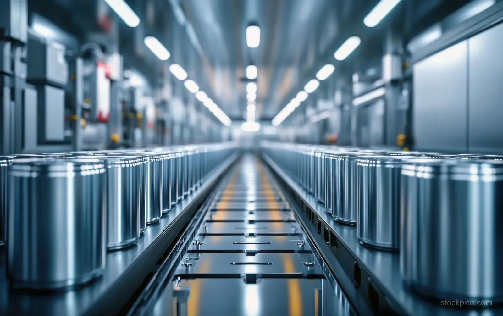 Cylindrical battery cells line a factory conveyor aisle under bright blue-white LED lights.