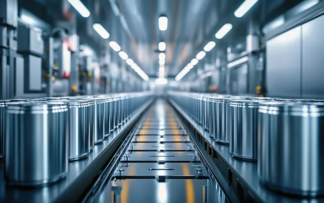 Cylindrical battery cells line a factory conveyor aisle under bright blue-white LED lights.