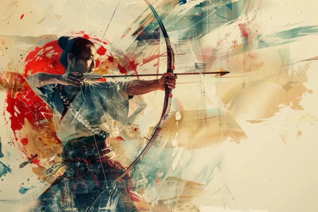 Japanese archer drawing a bow mid-release with splashed paint background