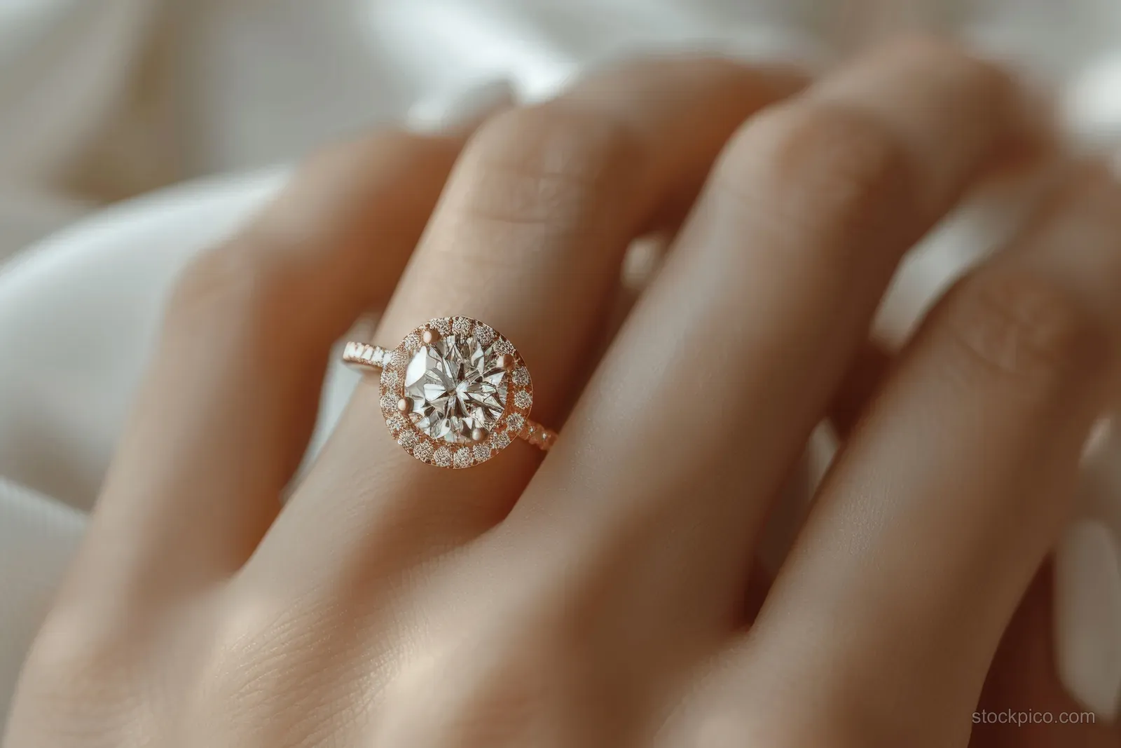 Woman’s hand with white manicure showing a gold diamond ring on soft white fabric.