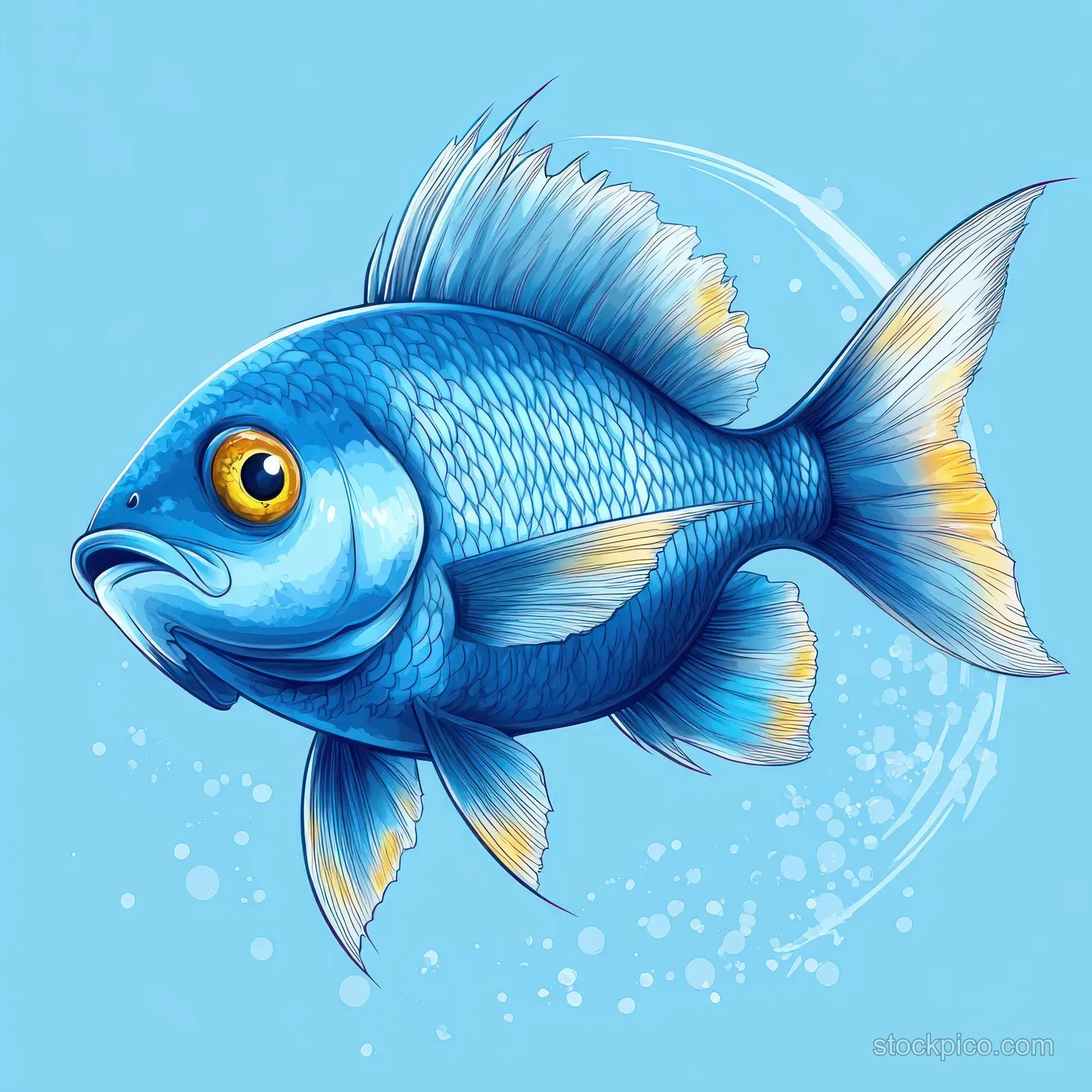 A bright blue cartoon fish swimming on a light blue background with small bubbles around it.