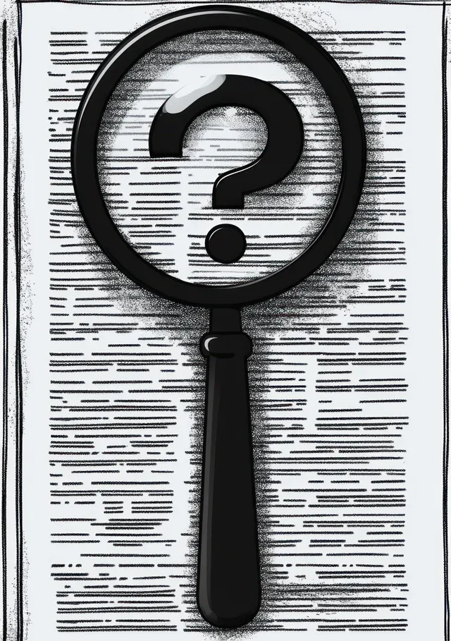 Black magnifying glass with a question mark over a white page covered in text.