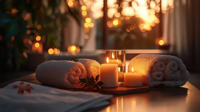 Rolled white towels and lit candles sit on a wooden tray in a softly lit spa room with warm bokeh background.