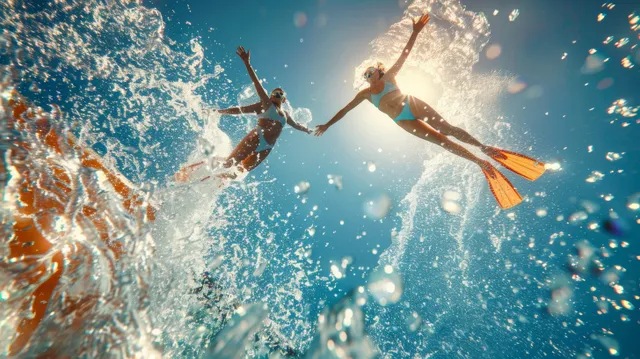 Two female divers in synchronized pose midair above a large splash with sunlit droplets around them.