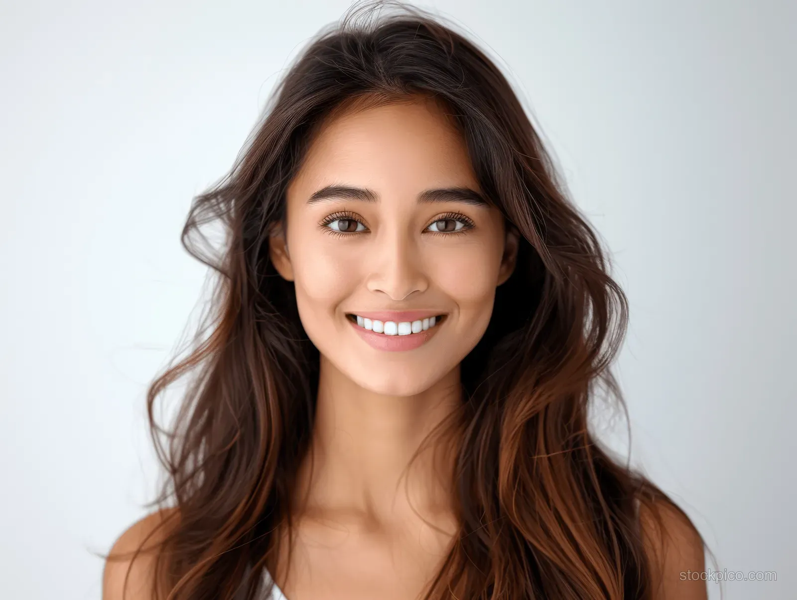 Young Asian Indian woman smiling in a close-up portrait with long hair on a white background.