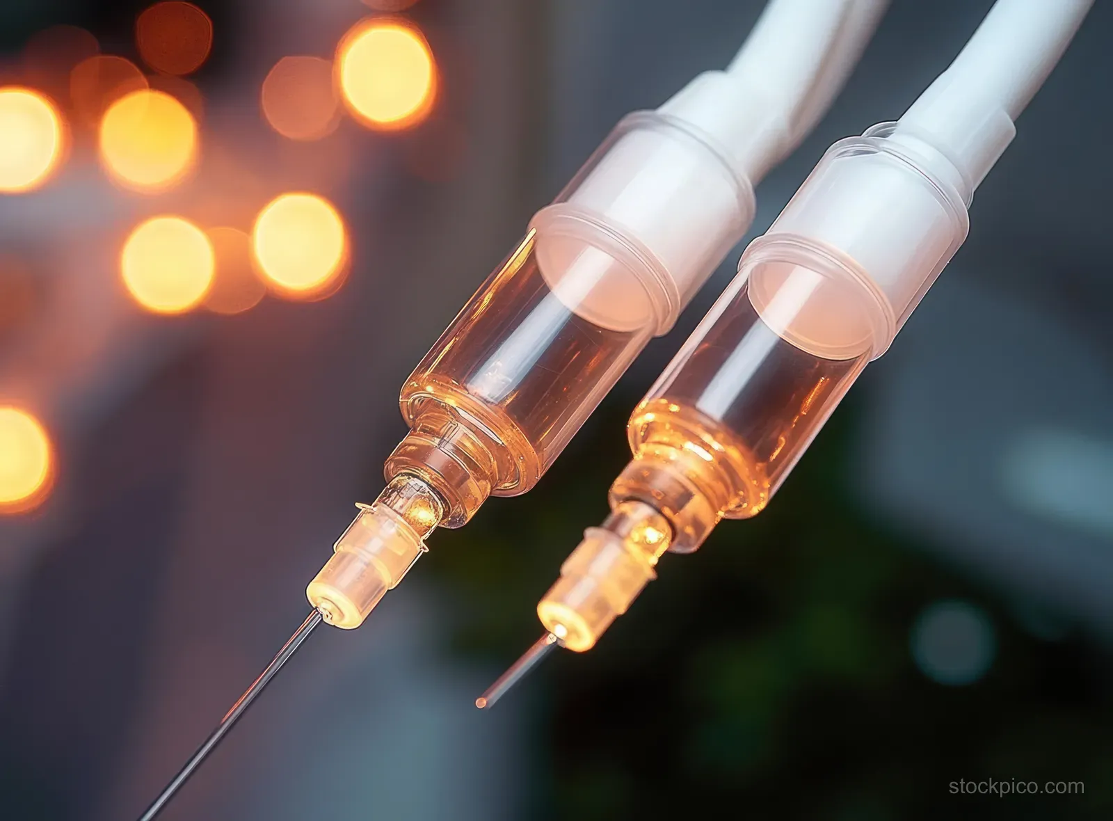 Two transparent medical syringes with visible needle tips filled with glowing orange liquid against warm blurred bokeh lights.