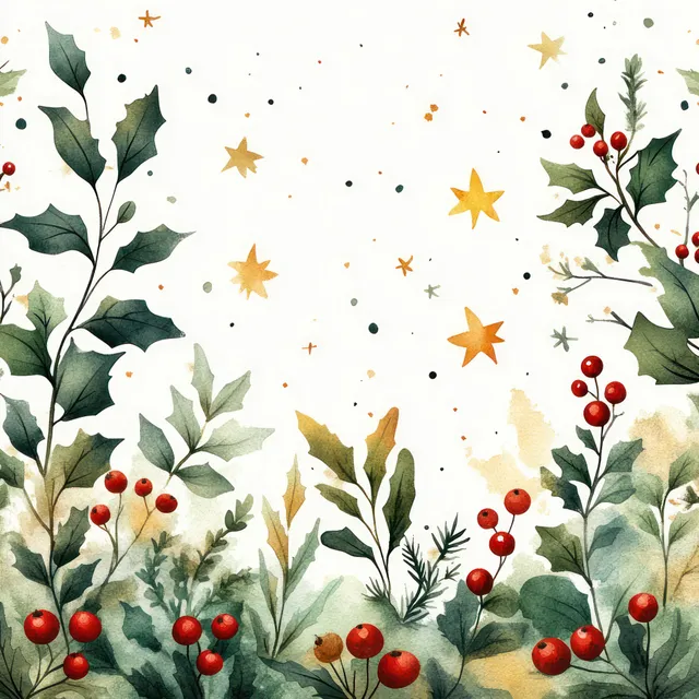 Seamless watercolor Christmas pattern with green holly foliage, red berries, and golden star confetti.
