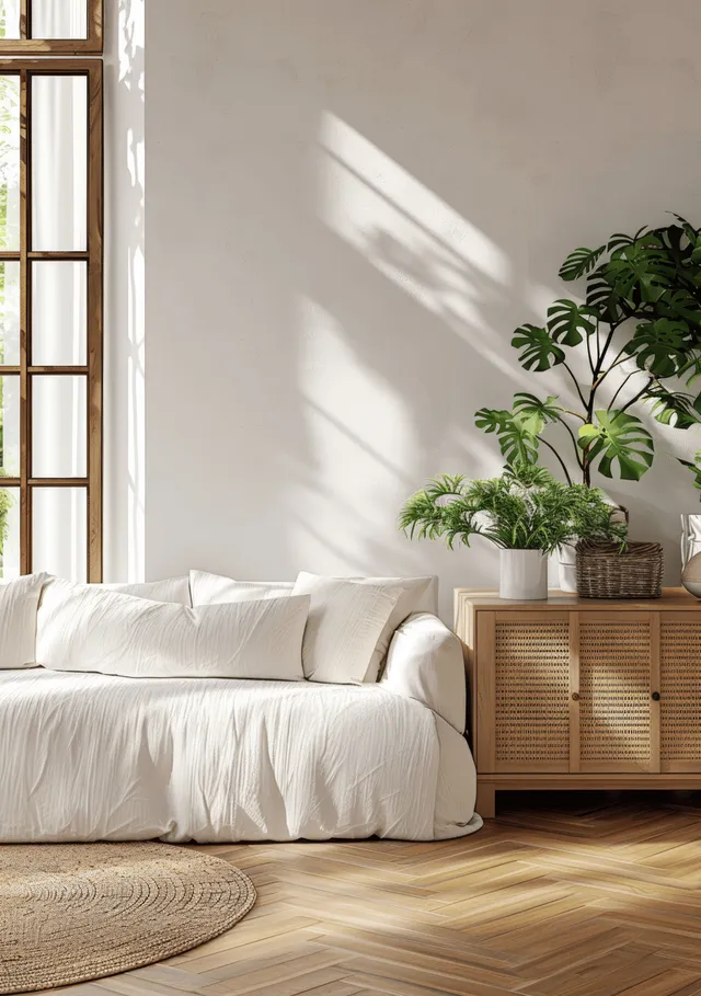 Sunlit coastal living room corner with a white sofa, potted plants on a wicker cabinet, and light parquet flooring.