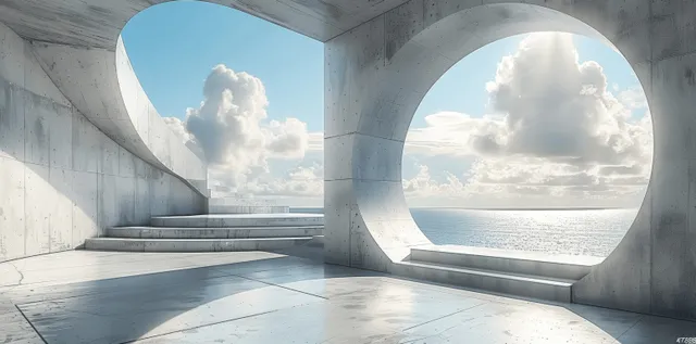 Futuristic concrete architecture corridor with oval window cutouts and empty floor