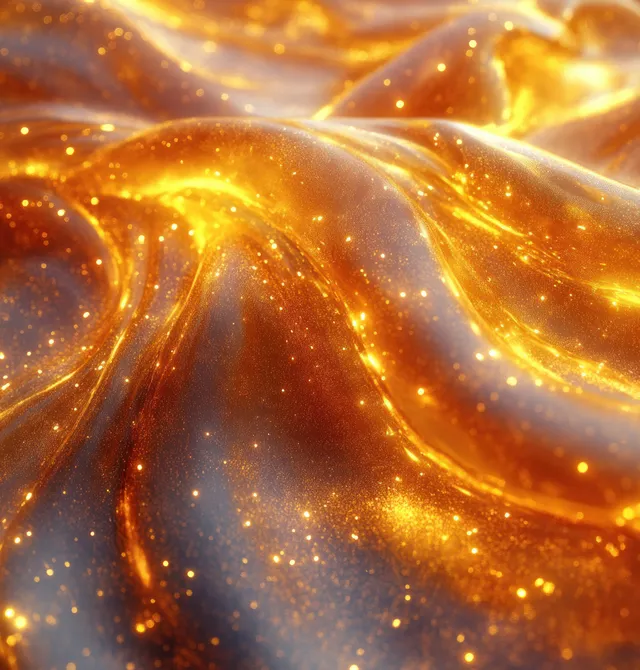 Golden liquid swirl splash with sparkling droplets isolated on clean white background