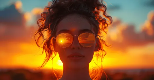 Woman silhouette wearing sunglasses facing a glowing eclipse at vibrant sunset horizon