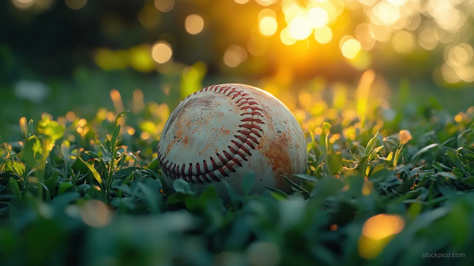 A weathered baseball rests in green grass with warm sunset light in the background.