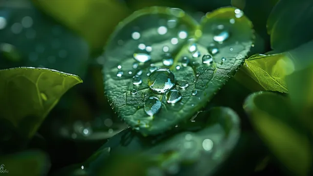 Water droplets cling to a green leaf, catching light in a close-up natural scene.