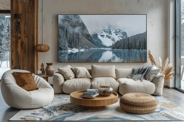 Cream sofa sits under a large wooden framed winter mountain lake print in a bright beige living room.