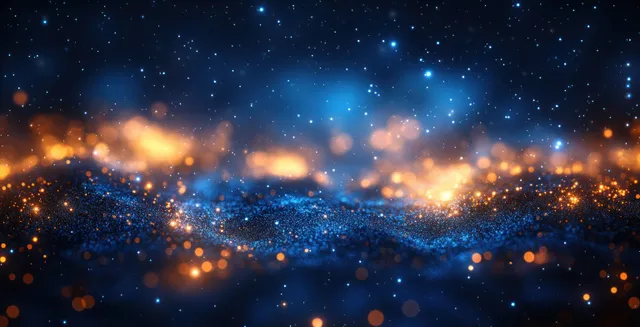 Deep blue abstract night scene with soft bokeh lights and golden glitter sparkle across a glowing horizon.